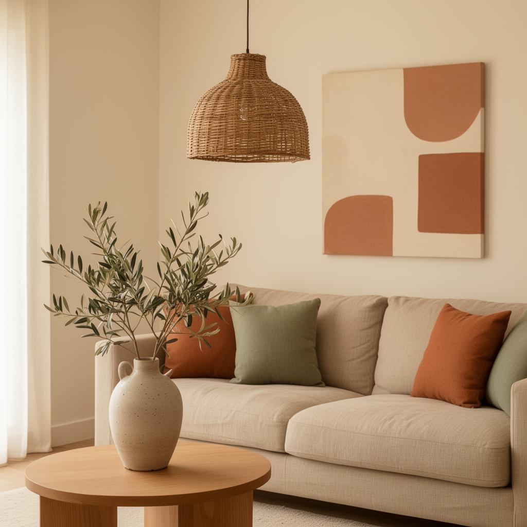 Warm minimal living room with beige sofa, terracotta cushions and olive plant